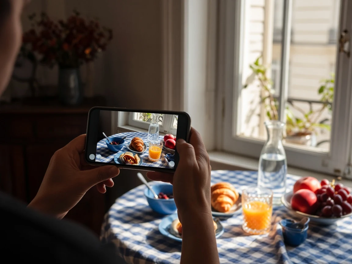 Exercice de composition au smartphone autour d'une table éclairée par une fenêtre