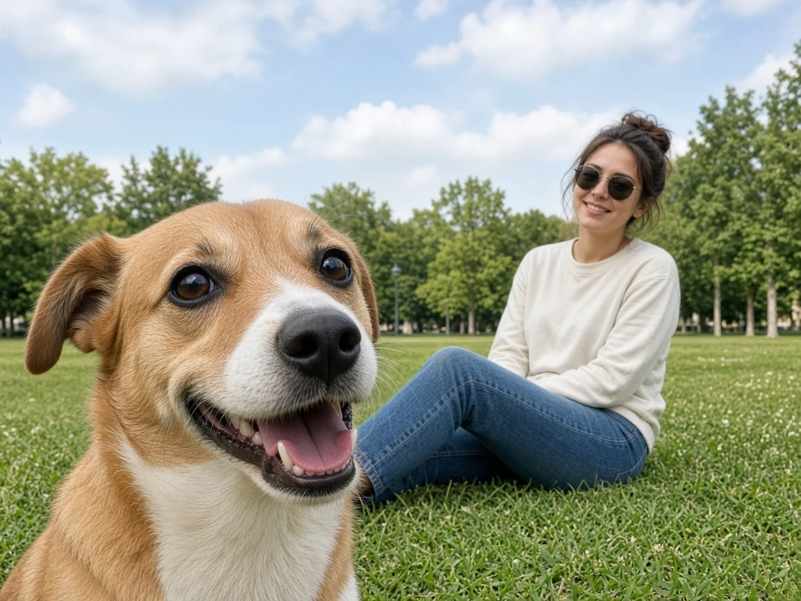 Un chien proche de l'objectif paraît immense à côté de sa maîtresse